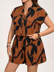 Comfylo Bộ jumpsuit mùa hè cỡ lớn phong cách boho với họa tiết hình học bất đối xứng dành cho nữ - màu nâu - Xem 3