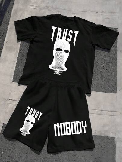 Set de 2 piezas de camiseta de manga corta de cuello redondo oscuro y pantalones cortos de estilo callejero para adolescentes, para verano