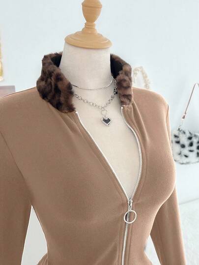 Elamini 女士秋冬时尚豹纹拼接拉链卫衣，适合日常外出、运动和休闲穿着