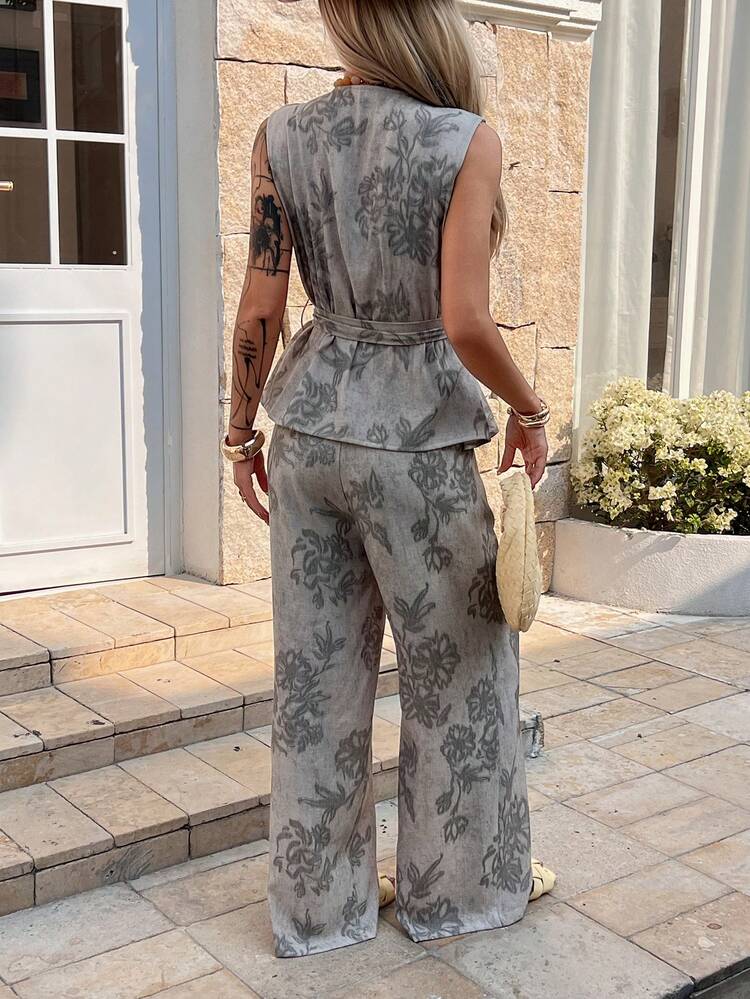 2pcs/Set Women's Casual Ditsy Floral Sleeveless Top And Straight Leg Pants Suit, Spring/Summer, Suitable For Vacation And Valentine's Day