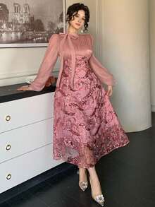 DAZY Đầm dài ngang gối thanh lịch dành cho nữ, phối sequin, cổ bèo nhún, tay phồng, thích hợp cho dự tiệc cưới mùa xuân/hè, đầm maxi hoặc đầm mùa hè. - Hồng - Xem 9