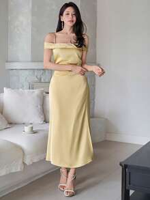 DAZY 女士优雅无袖铆钉中长连衣裙，夏季婚礼宾客礼服 - 黃色 - 查看 4