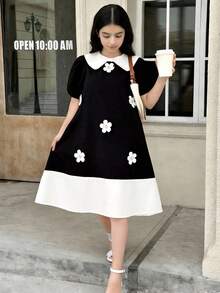 SHEIN Gaun Remaja Perempuan Longgar Lengan Mengembang dengan Kerah Pita, Desain Blok Warna, Kasual & Manis, Musim Semi/Panas - Hitam dan Putih - View 4