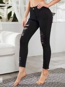 SHEIN Tall Women's Casual Ripped Black Skinny Jeans - Black - View 4