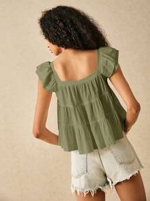 SHEIN Frenchy 女士度假纯色方领短袖荷叶边下摆衬衫 - 軍綠色 - 查看 2