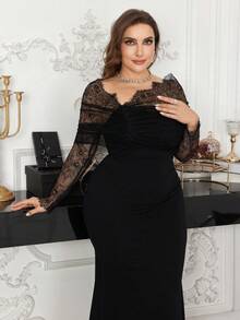 Modelyn 大码女士优雅蕾丝拼接露肩修身连衣裙，春夏款 - 黑色 - 查看 4
