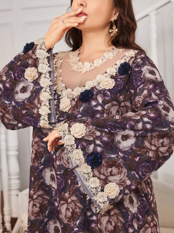 Al Najma Plus Size Middle Eastern Style Ornate Printed Long Sleeve Dress, Round Neck, Hollow Lace Trim Decor, Loose Comfortable Soft Digital Print Dress