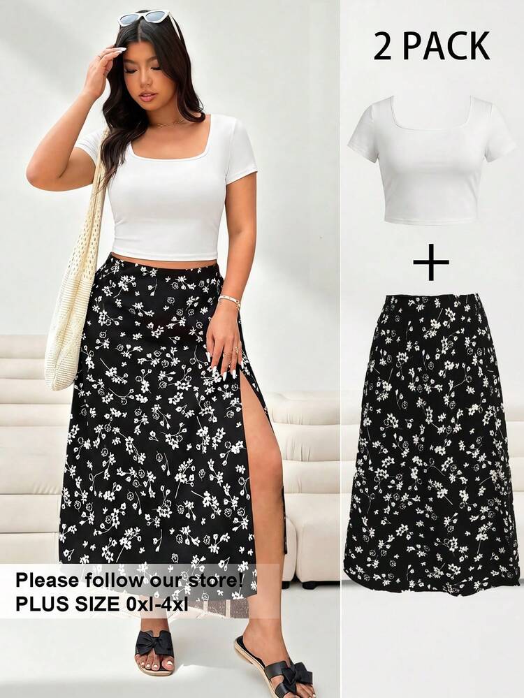 Solflare Conjunto de 2 piezas de camiseta de punto blanca de cuello redondo y falda con estampado y bajo dividido para mujer talla grande - Blanco y Negro - Añade 1