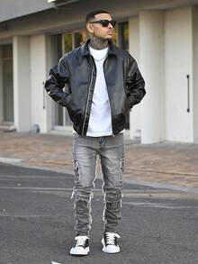 Devon Thys 男士时尚街头工装牛仔裤，修身多口袋休闲裤，Emo 风格 - 灰色 - 查看 4