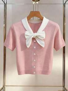 SHEIN Franclia New Arrival Spring/Summer Casual Sweet Cute Bow Tie Knitted Sweater For Women Pink Bow Top Preppy Tops Bow Clothes Light Pink Sweater Rose Top - Pink - View 1