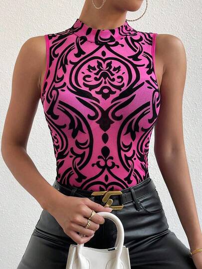 Almamuse All-Over Print Fitted Stand Collar Sleeveless Bodysuit Paisley Top Women Women Sexy Tops