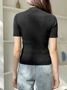 DAZY Suéter de manga corta casual de negocios para mujer - Negro - Ver 5