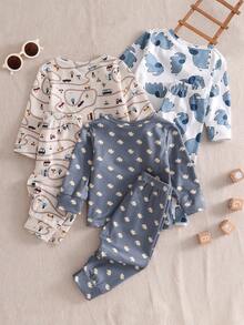 6件套男婴蓝色和卡其色汽车和大象印花长袖睡衣套装 - 彩色 - 查看 2