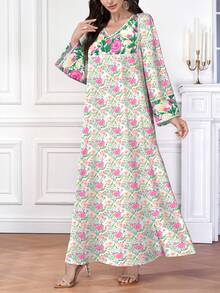 Al Najma Đầm maxi dài tay cổ chữ V họa tiết hoa nhí nhiều màu sắc, đầm hoa dài mùa xuân/hè dành cho nữ, trang phục kiểu Ả Rập thanh lịch, phù hợp cho kỳ nghỉ, du lịch và mặc hàng ngày. - Nhiều màu - Xem 3