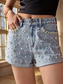 Selenza Shorts vaqueros de verano con decoración de perlas en color azul claro para mujer - Azul - Ver 5