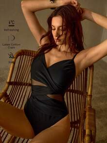 MOTF PREMIUM ELEGANT SLIMMING MESH PATCHWORK SEE-THROUGH ONE-PIECE SWIMSUIT, MINIMALIST CHIC BEACH VACATION ATTIRE - Black - View 6