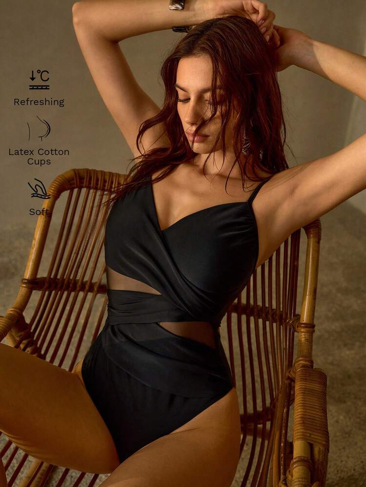ELEGANT SLIMMING MESH PATCHWORK SEE-THROUGH ONE-PIECE SWIMSUIT, MINIMALIST CHIC BEACH VACATION ATTIRE