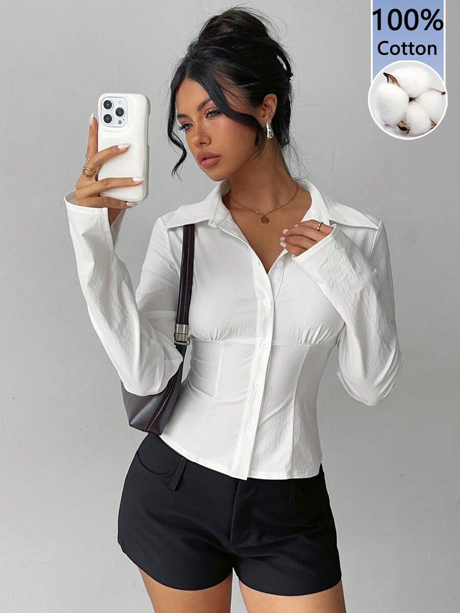 Aloruh 100%纯棉女士优雅百搭白色褶裥长袖衬衫——通勤、日常穿着、约会、正式场合、度假、办公室、工作、婚礼宾客、春夏皆宜 - 彩色 - 查看 1