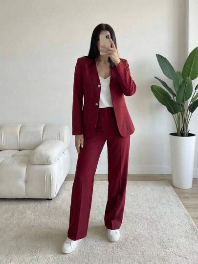 Conjunto de 2 piezas  traje para mujer - Corte ajustado en blazer de cuello en V + pantalón de pierna ancha, tejido de poliéster resistente y fluido con botones metálicos decorativos - Estilo elegante formal y profesional - Ideal para oficina y eventos formales en primavera y otoño