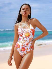 Swim Vcay Áo tắm liền thân Shapewave-D dành cho nữ, kiểu dáng ôm sát, tông màu ấm áp, họa tiết hoa lựu cổ điển, nền trắng với họa tiết hoa màu cam đỏ, thiết kế dây đeo vai xếp nếp, dây chéo lưng có thể điều chỉnh, phù hợp cho kỳ nghỉ và mặc hàng ngày. - Nhiều màu - Xem 7