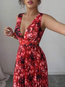 Elenzga 无袖V领露腰镂空A字褶皱花卉优雅浪漫女装 - 彩色 - 查看 5