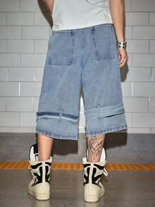 ROMWE MEN Grunge Punk Men's Partial Strap Decorative Denim Shorts - Blue - View 3