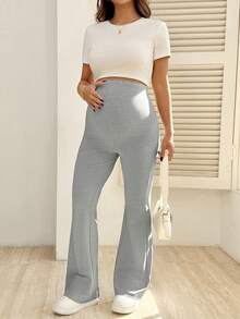 SHEIN 孕妇休闲纯色可调节腰围喇叭裤 - 灰色 - 查看 3