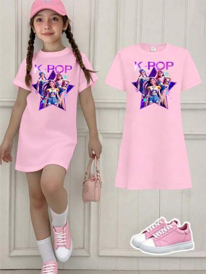 Spring, Summer & Autumn Young Girls Casual Fashionable Creative Personalized Refreshing Minimalist Cute Kawaii Cartoon Cat Princess Heart Sequin Graphic Letter Slogan Print Relaxed T-Shirt Dress, Comfortable Daily Wear Cozy Summer & Fall Styles Suitable For Spring, Summer, Autumn