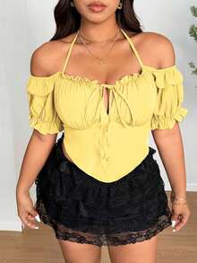 SHEIN LUNE Plus Size Women Summer Vacation Simple Solid Color Frill Trim Front Knot Halter Fitted Blouse - Yellow - View 1