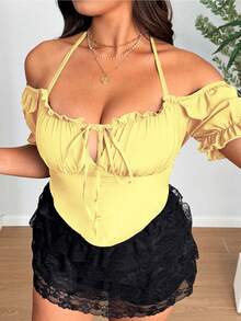 SHEIN LUNE Plus Size Women Summer Vacation Simple Solid Color Frill Trim Front Knot Halter Fitted Blouse - Yellow - View 6