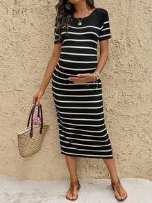 Pregnant Women Round Neck Short Sleeve Slit Striped Casual Summer Dress - Black - View 4