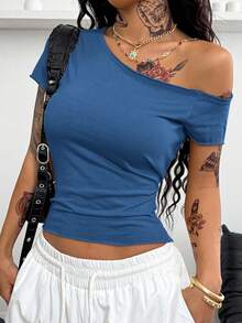 Coolane Camiseta de manga corta casual con cuello asimétrico plisado de unicolor vintage para mujer, tops de verano para mujer, conjuntos de verano para mujer, camiseta azul marino, top de verano - Azul - Ver 5