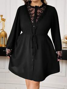 SHEIN CURVE+ Đầm dài tay màu đen phối ren dành cho nữ cỡ lớn - màu đen - Xem 7