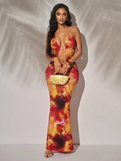 Radiana Women's Sexy Elegant Distinctive Tropical Floral Print Fitted Mermaid Maxi Dress, Sexy Backless Dress, Spaghetti Strap Dress, Hollow Low-Cut Neck Dress, Long Dress, Sexy Resort Maxi Dress, Holiday Dress, Date Dress, Suitable For Night, Date, Party, Ball, Club, Cocktail Party, Evening Party, Concert, Island Resort, Beach, Holiday Wear