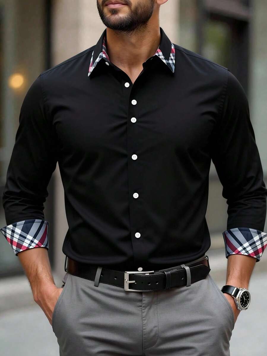 Manfinity Bizformal Áo sơ mi nam casual đa năng kẻ caro phối nhiều mảnh, thích hợp cho việc đi làm. - màu đen - Xem 1