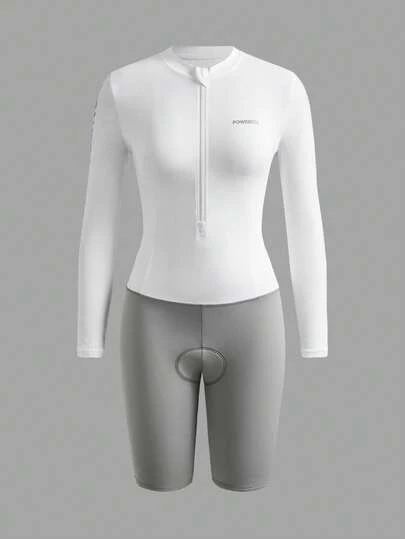 Powerista Women's Letter Print Zipper Front Contrast Color Long Sleeve Cycling Romper