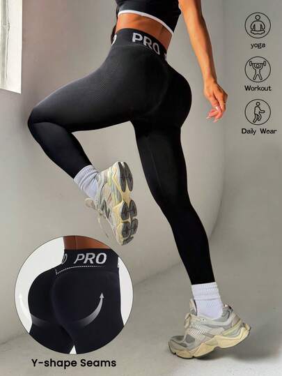 Dewbera Women's Seamless High Waist Letter Print Tummy Control Leggings