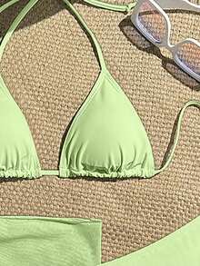 Swim Vcay 3 pièces Ensemble de bikini de couleur unie pour femmes avec maillot de bain imprimé aléatoire - Vert acidulé - Voir 5