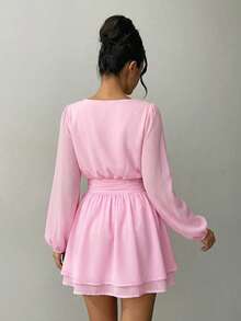 Aloruh New Romantic Date Chiffon Stand Collar Long Sleeve Ruched Mini Dress, Light Pink, Spring/Summer - Baby Pink - View 7