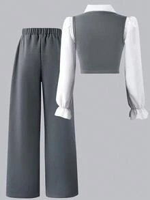 SHEIN Conjunto de 3 piezas para niña preadolescente que incluye blusa de manga acampanada con cuello, chaleco tipo cárdigan y pantalones - Gris - Ver 2