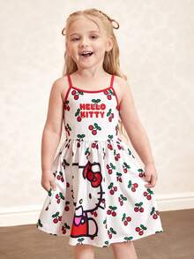 HELLO KITTY AND FRIENDS | SHEIN 年轻女孩夏季休闲度假卡通樱桃字母图案撞色包边连衣裙 - 紅白色 - 查看 5