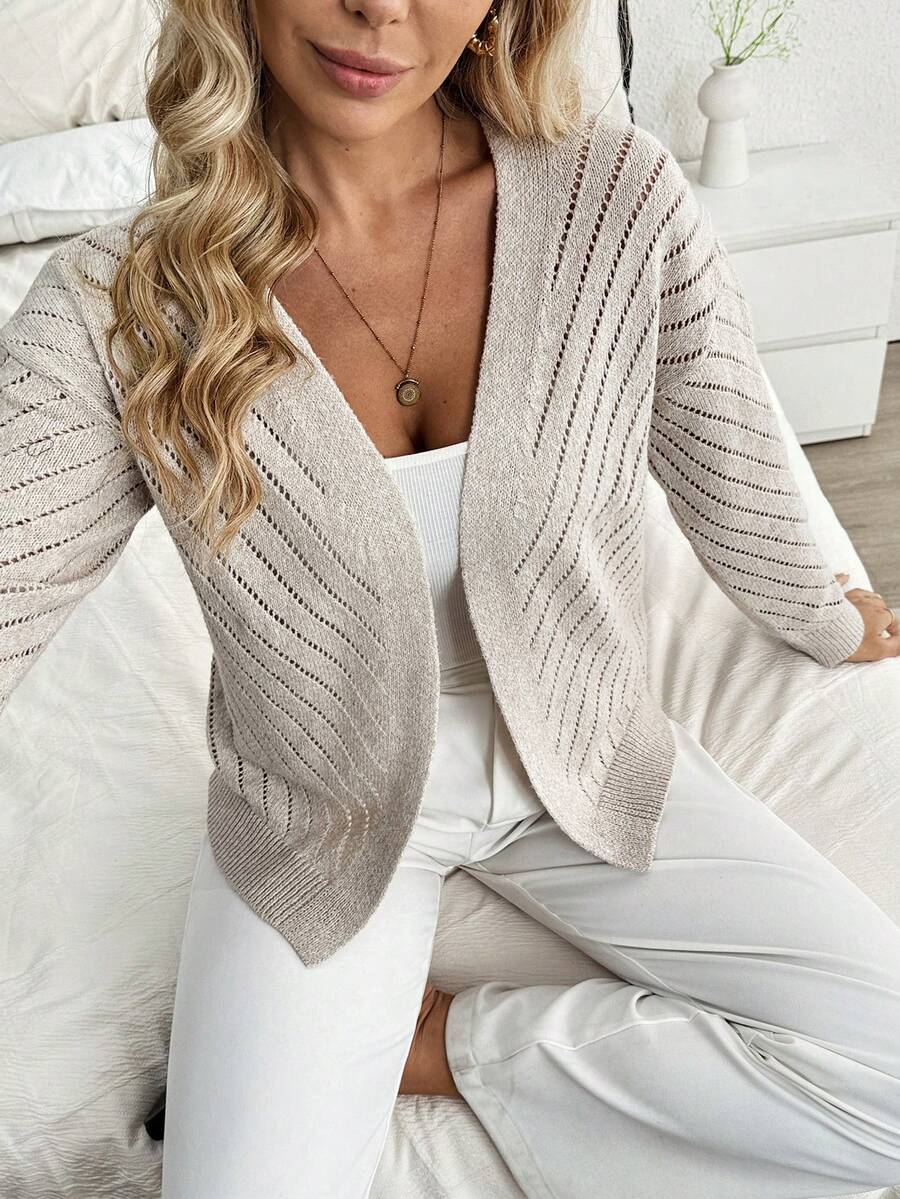 SHEIN Elenzya Light Apricot Ribbed Knit Cardigan, Casual Commuter Wear, Spring/Summer - Apricot - View 1