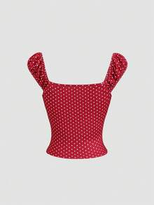 Sweetra Women's 1960s Vintage Red And White Polka Dot Crop Top, Y2K Summer Vacation Ruched Half-Placket Fitted T-Shirt, Retro Sweet Girly Style - Red and White - View 2