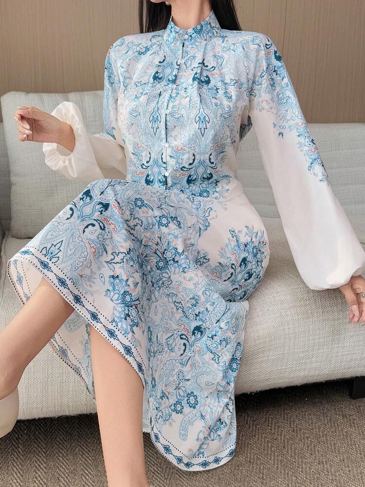 Women's Elegant Floral Print Mandarin Collar Blouse And A-Line Skirt 2-Piece Set, Spring/Summer,Wedding Guest Dress Women
