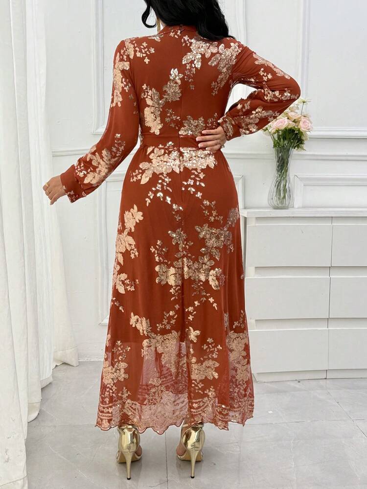 Women's Elegant Sequin Floral Print Stand Collar Dress, Spring/Summer Wedding Guest Dress Sundress