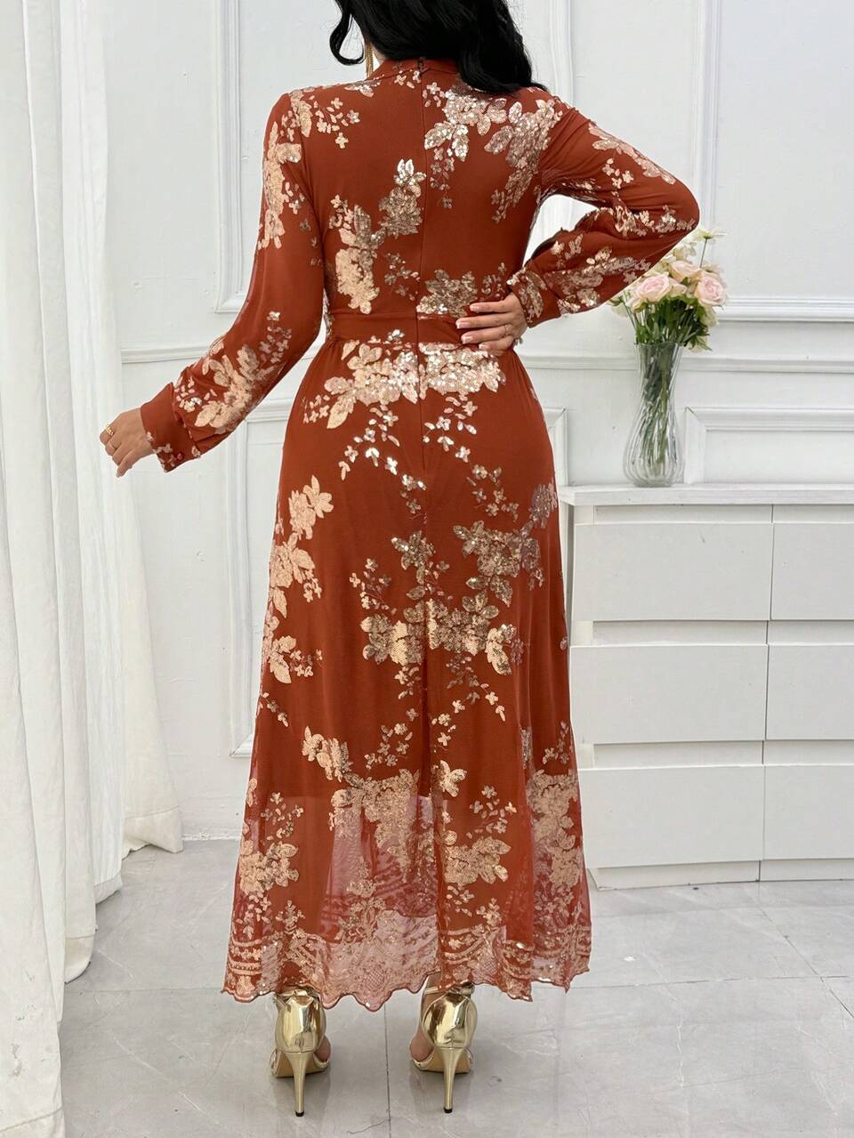 Women's Elegant Sequin Floral Print Stand Collar Dress, Spring/Summer Wedding Guest Dress Sundress