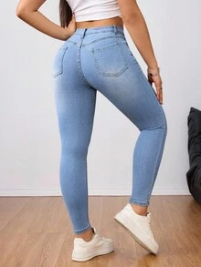 SHEIN ICON 大码女式高腰纯色带口袋紧身牛仔裤 - 淺色水洗藍 - 查看 3
