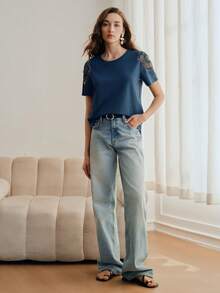 Anewsta Solid Color Round Neck Beaded Mesh Hollow Shoulder Design Short Sleeve Slim Fit Women T-Shirt - Navy Blue - View 4