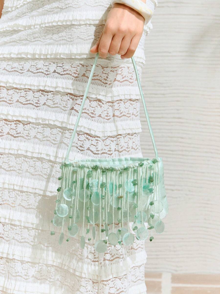 女士单肩包，时尚、优雅、简约、个性化、百搭，饰有串珠和贝壳，适合海滩、度假、假日、夏季、海边、约会、下午茶、海岛派对、日常使用，缀满串珠的迷你包，可爱俏皮，少女心满满的夏季场合必备单品 - 薄荷綠 - 查看 1