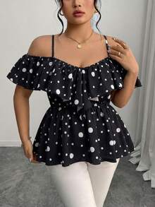 Elenzga Áo kiểu dáng chữ A thanh lịch, trễ vai, viền bèo nhún, cỡ lớn, thích hợp cho mùa xuân/hè. - Đen và trắng - Xem 6